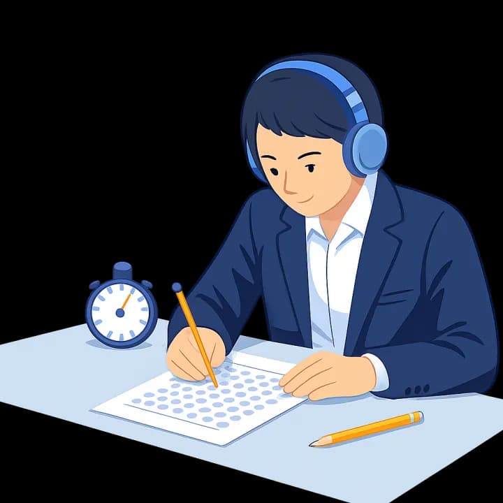 ヘッドフォンをつけて模試に取り組むビジネスパーソン
