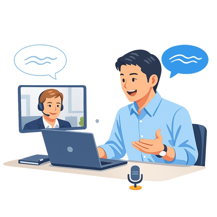 ノートパソコンで海外の同僚とオンライン会話をするビジネスパーソン
